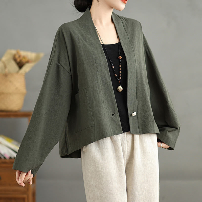 Casual Vintage Plain Long Sleeve Open Front Cardigan Cotton Linen Jacket With Pockets