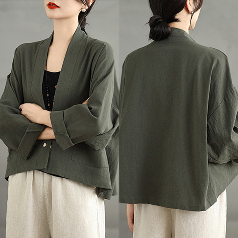 Casual Vintage Plain Long Sleeve Open Front Cardigan Cotton Linen Jacket With Pockets
