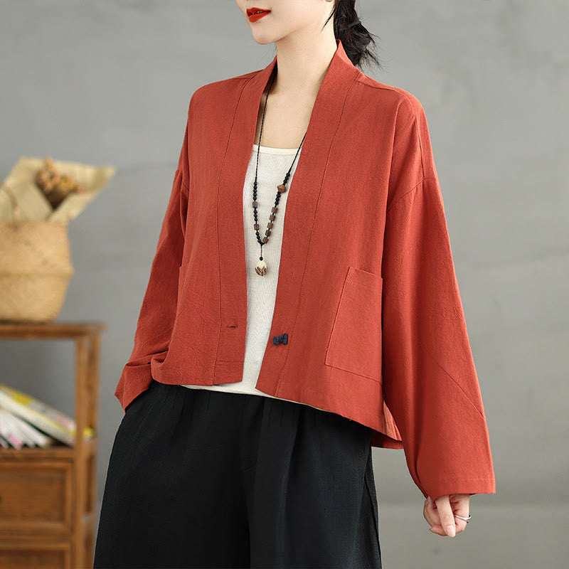 Casual Vintage Plain Long Sleeve Open Front Cardigan Cotton Linen Jacket With Pockets