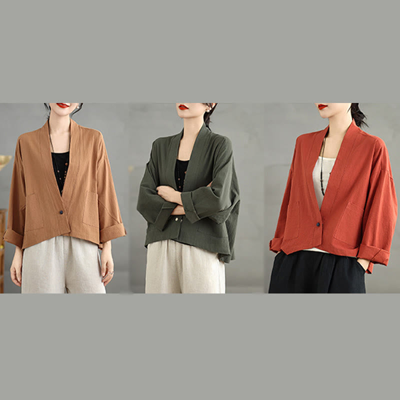 Casual Vintage Plain Long Sleeve Open Front Cardigan Cotton Linen Jacket With Pockets