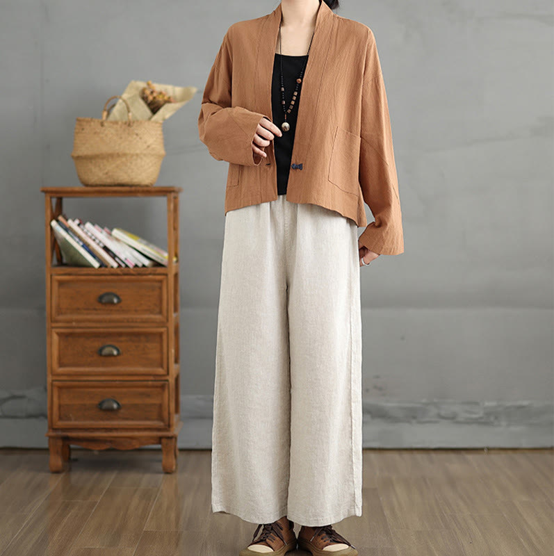 Casual Vintage Plain Long Sleeve Open Front Cardigan Cotton Linen Jacket With Pockets