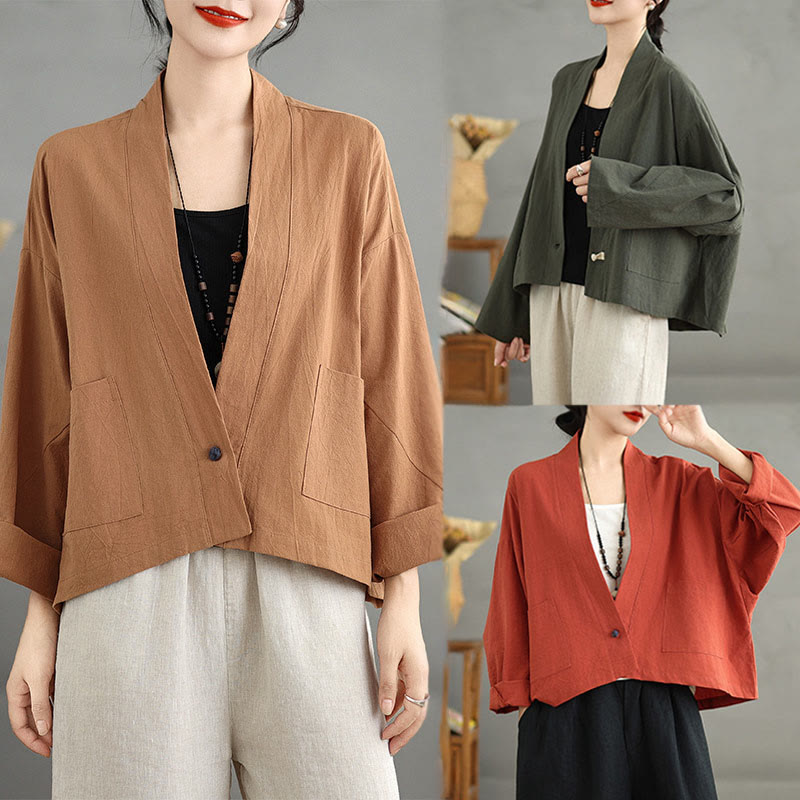 Casual Vintage Plain Long Sleeve Open Front Cardigan Cotton Linen Jacket With Pockets