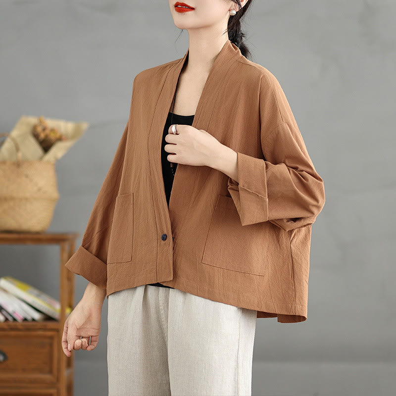 Casual Vintage Plain Long Sleeve Open Front Cardigan Cotton Linen Jacket With Pockets