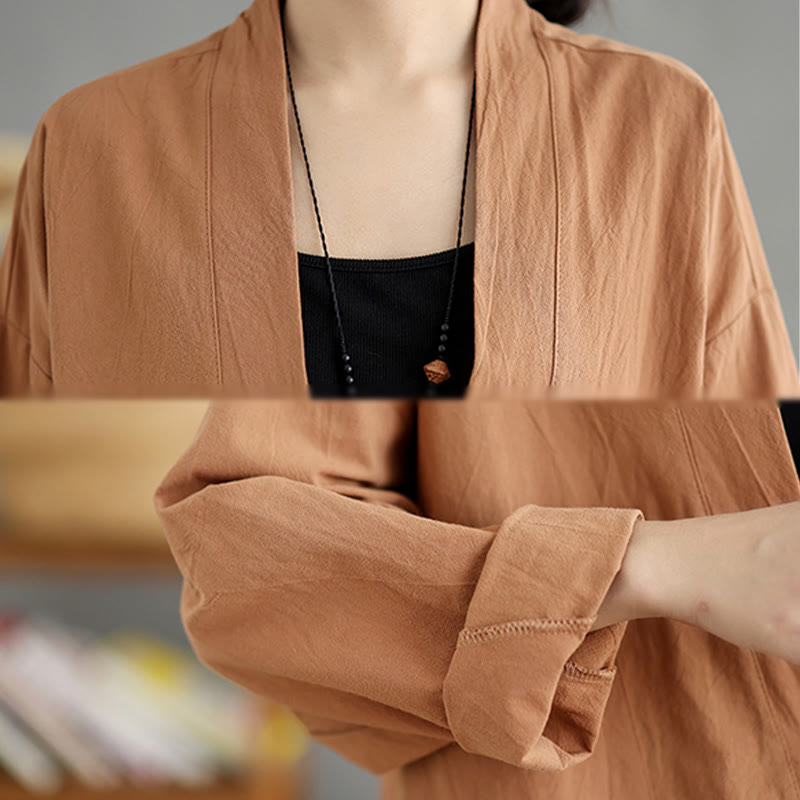 Casual Vintage Plain Long Sleeve Open Front Cardigan Cotton Linen Jacket With Pockets