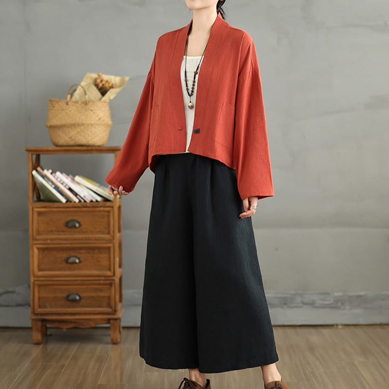 Casual Vintage Plain Long Sleeve Open Front Cardigan Cotton Linen Jacket With Pockets