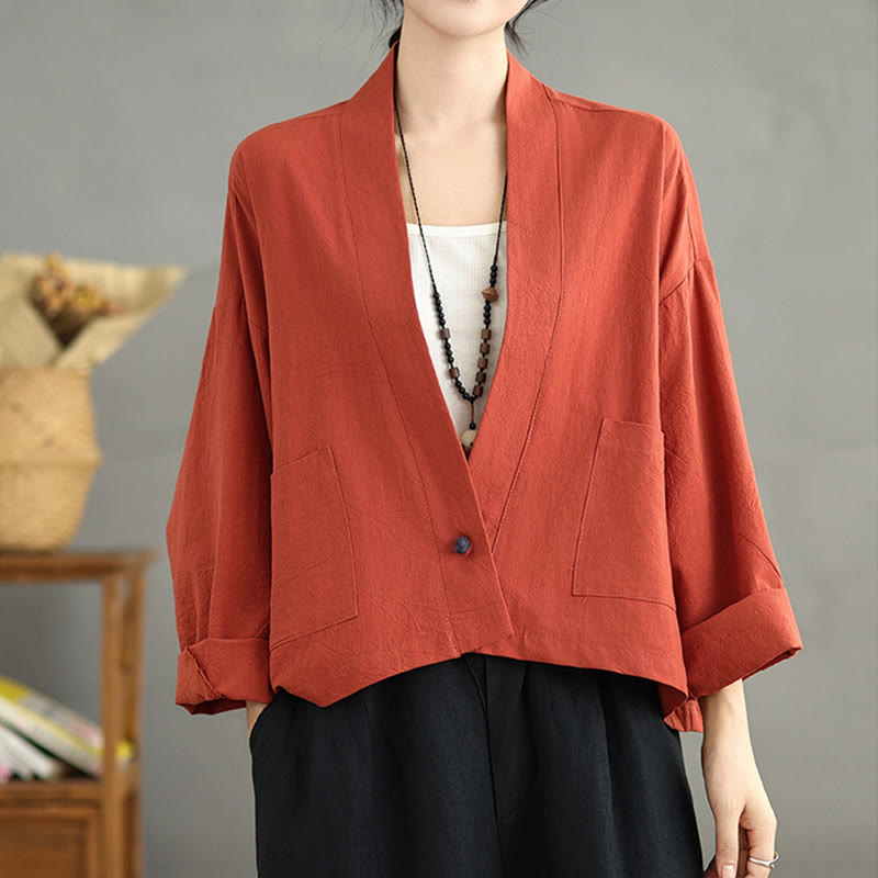 Casual Vintage Plain Long Sleeve Open Front Cardigan Cotton Linen Jacket With Pockets