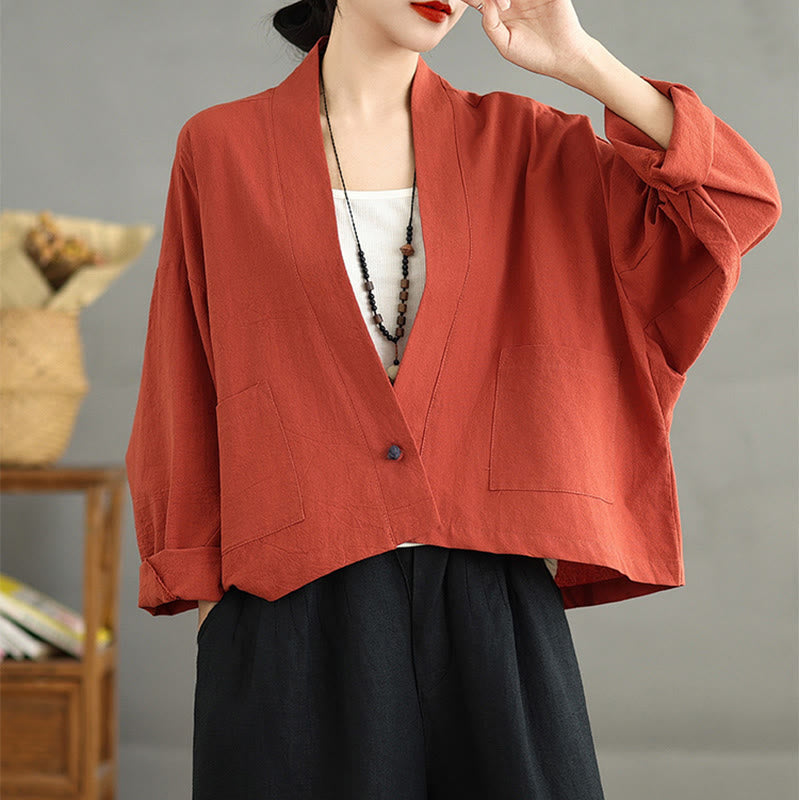 Casual Vintage Plain Long Sleeve Open Front Cardigan Cotton Linen Jacket With Pockets