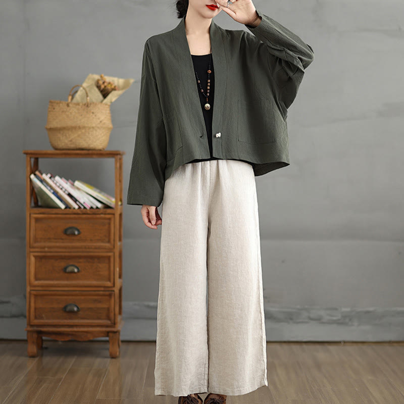 Casual Vintage Plain Long Sleeve Open Front Cardigan Cotton Linen Jacket With Pockets