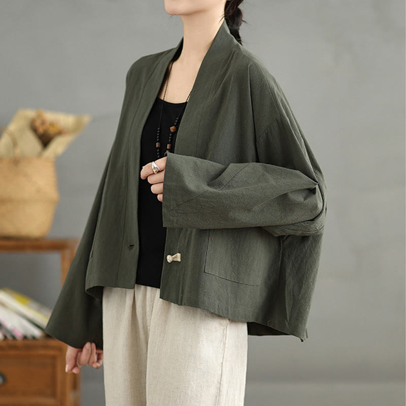 Casual Vintage Plain Long Sleeve Open Front Cardigan Cotton Linen Jacket With Pockets