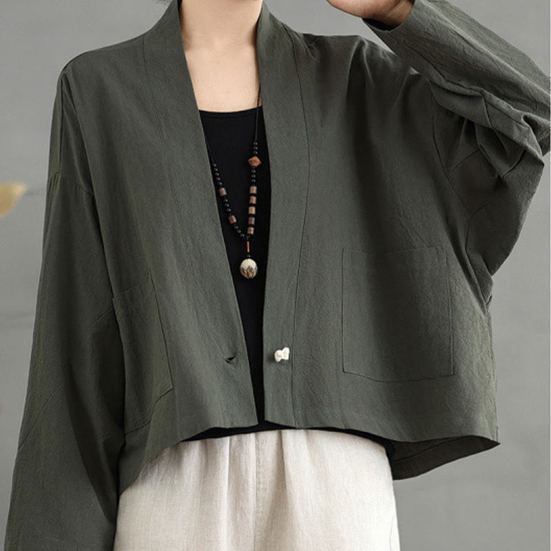 Casual Vintage Plain Long Sleeve Open Front Cardigan Cotton Linen Jacket With Pockets