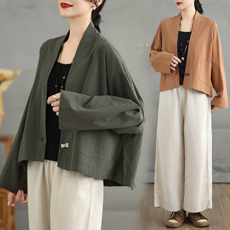 Casual Vintage Plain Long Sleeve Open Front Cardigan Cotton Linen Jacket With Pockets