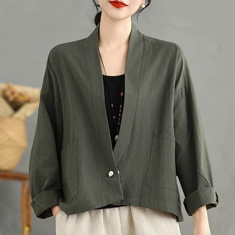 Casual Vintage Plain Long Sleeve Open Front Cardigan Cotton Linen Jacket With Pockets