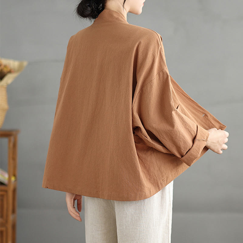 Casual Vintage Plain Long Sleeve Open Front Cardigan Cotton Linen Jacket With Pockets