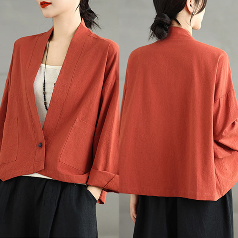 Casual Vintage Plain Long Sleeve Open Front Cardigan Cotton Linen Jacket With Pockets