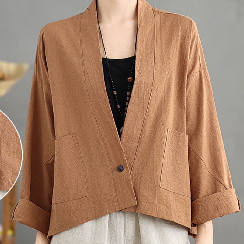 Casual Vintage Plain Long Sleeve Open Front Cardigan Cotton Linen Jacket With Pockets