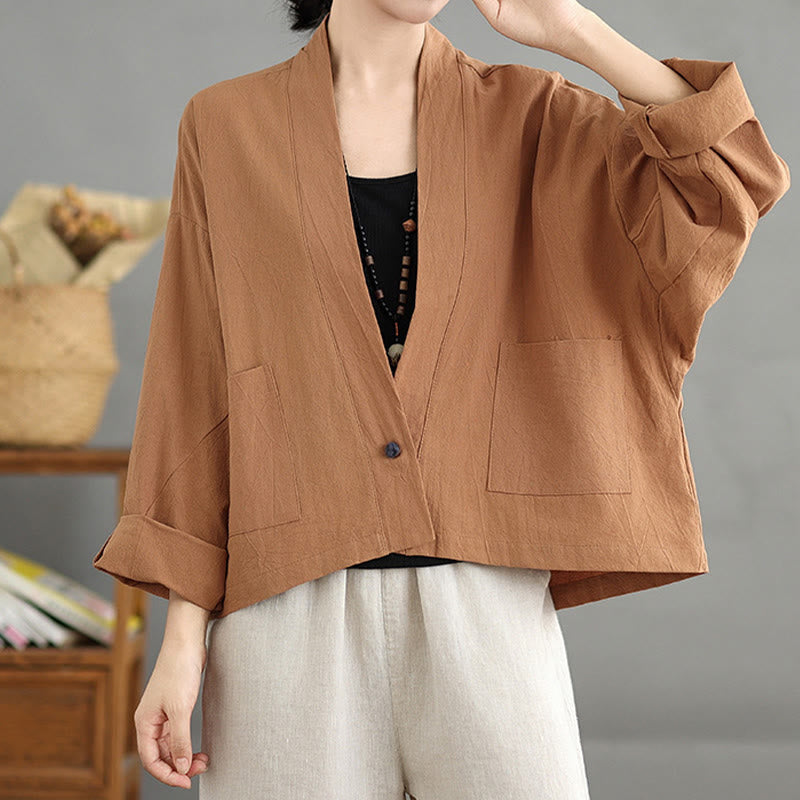 Casual Vintage Plain Long Sleeve Open Front Cardigan Cotton Linen Jacket With Pockets