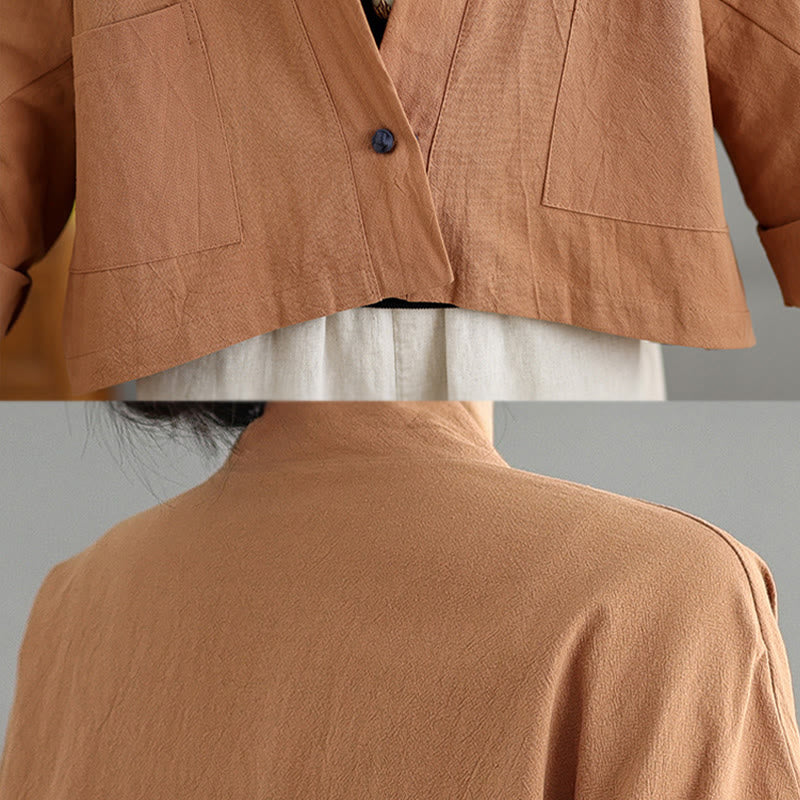 Casual Vintage Plain Long Sleeve Open Front Cardigan Cotton Linen Jacket With Pockets