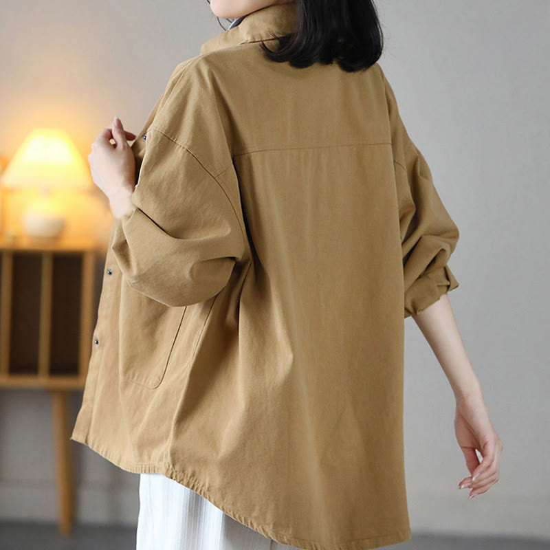 Vintage Casual Pure Color Lapel Women's Cotton Jacket With Pockets
