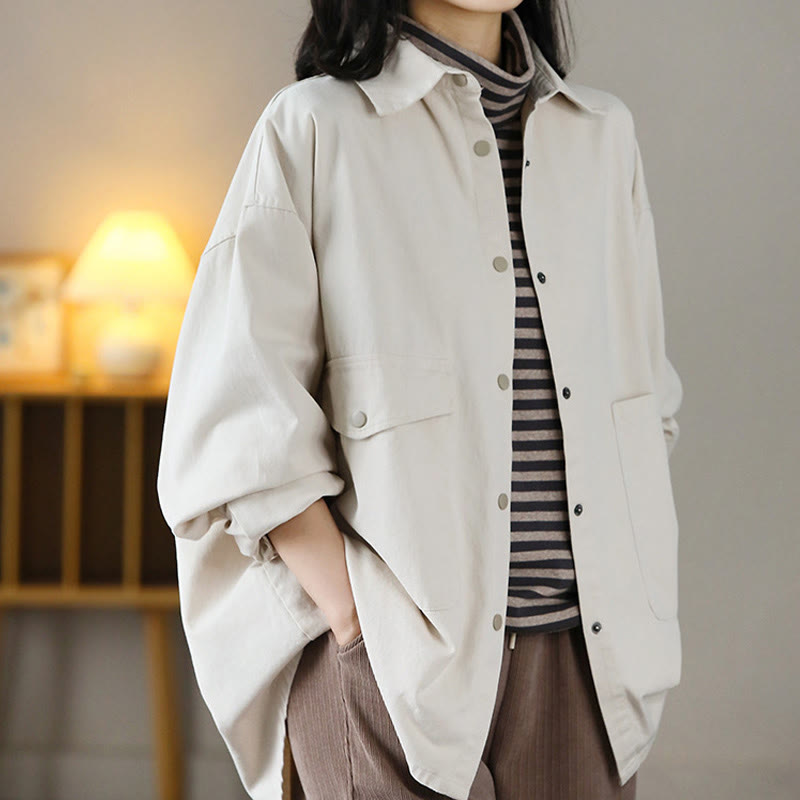 Vintage Casual Pure Color Lapel Women's Cotton Jacket With Pockets