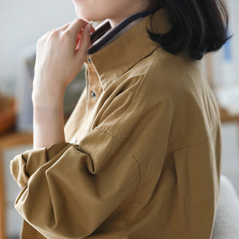 Vintage Casual Pure Color Lapel Women's Cotton Jacket With Pockets