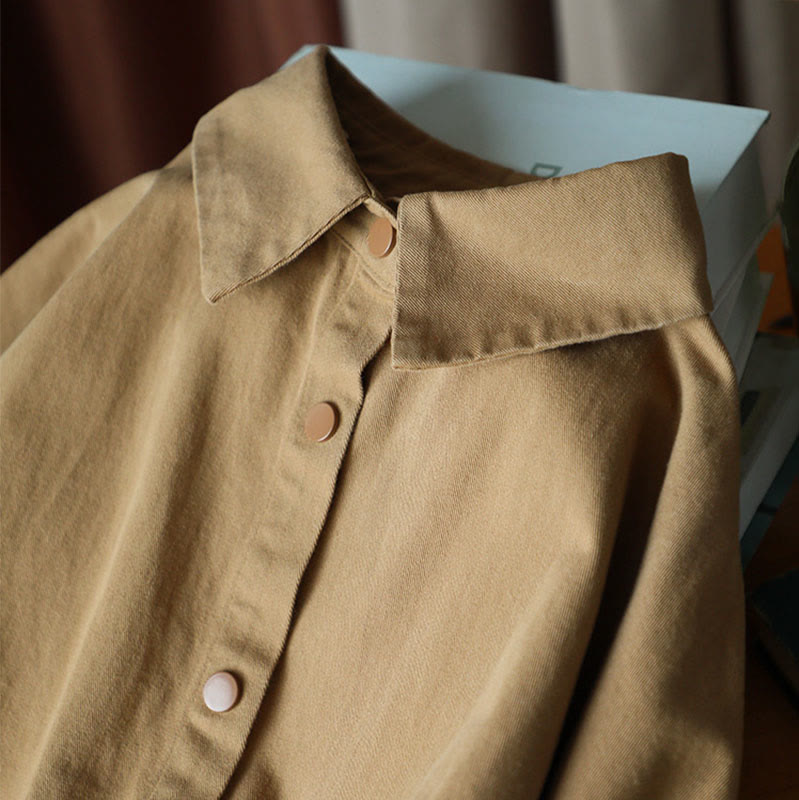 Vintage Casual Pure Color Lapel Women's Cotton Jacket With Pockets