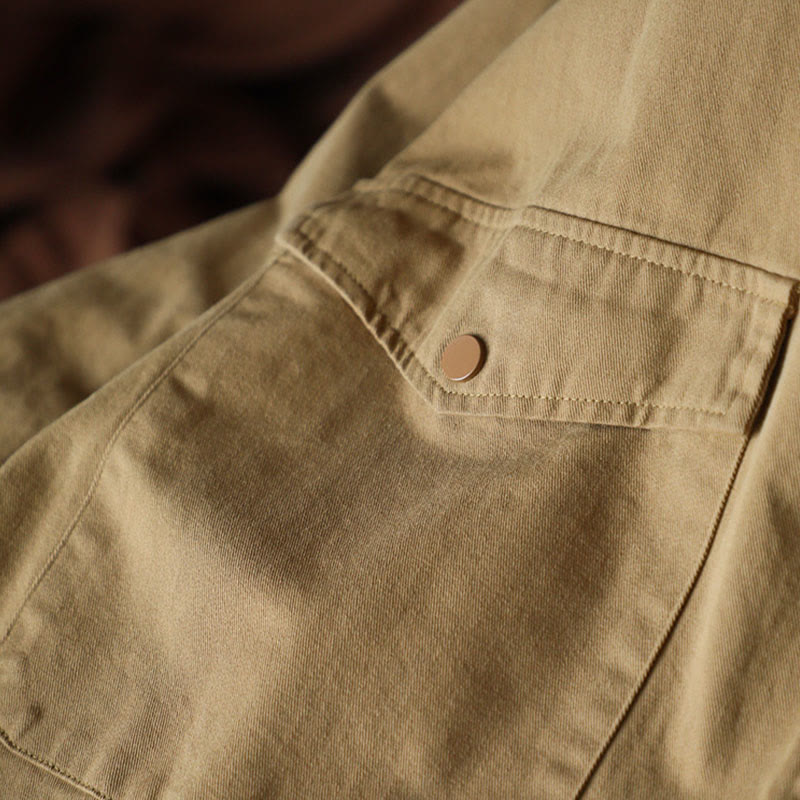 Vintage Casual Pure Color Lapel Women's Cotton Jacket With Pockets