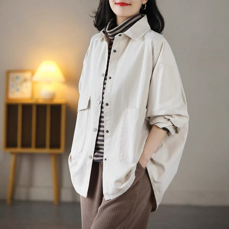 Vintage Casual Pure Color Lapel Women's Cotton Jacket With Pockets