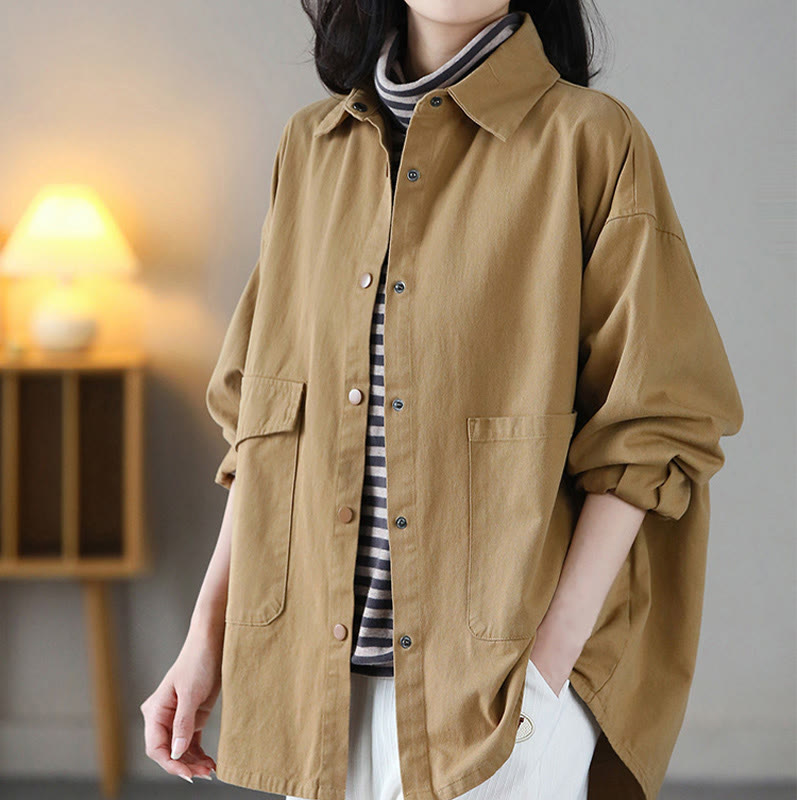 Vintage Casual Pure Color Lapel Women's Cotton Jacket With Pockets