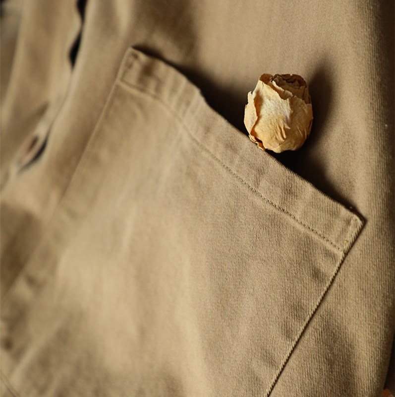 Vintage Casual Pure Color Lapel Women's Cotton Jacket With Pockets