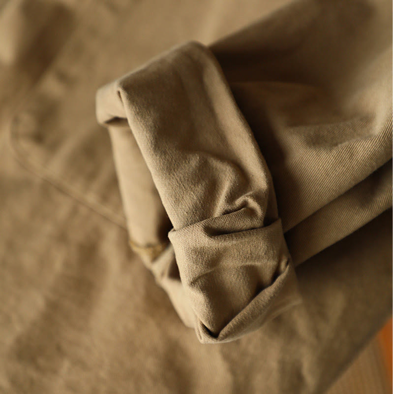 Vintage Casual Pure Color Lapel Women's Cotton Jacket With Pockets