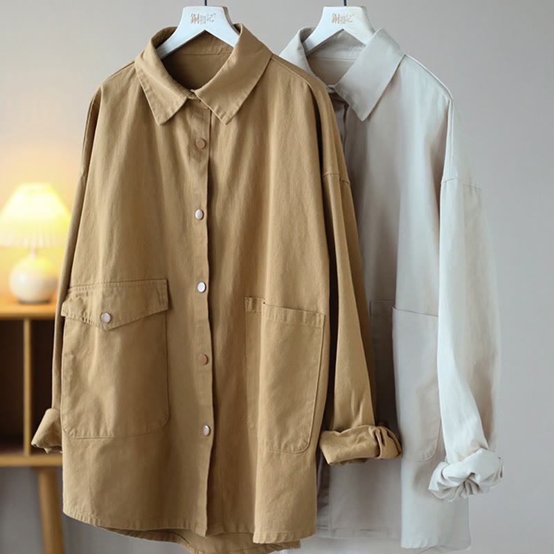 Vintage Casual Pure Color Lapel Women's Cotton Jacket With Pockets