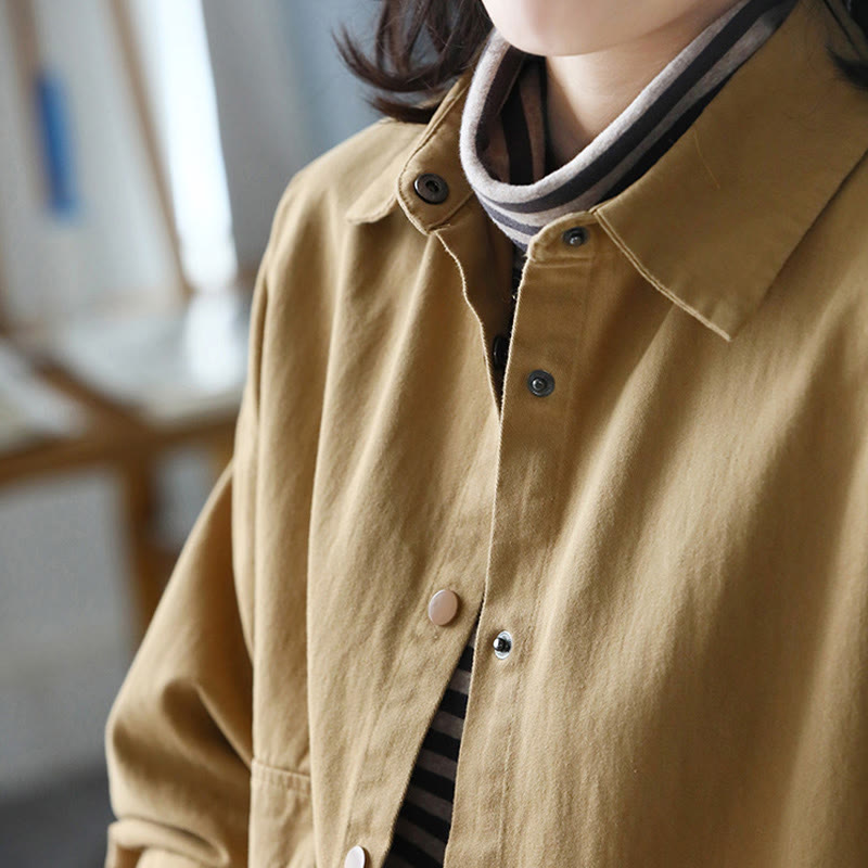 Vintage Casual Pure Color Lapel Women's Cotton Jacket With Pockets