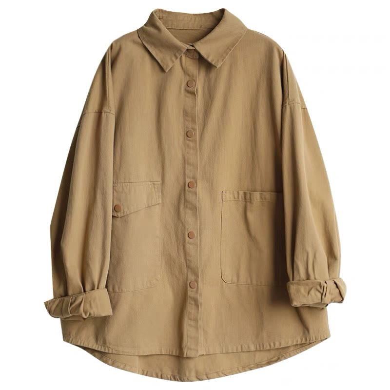 Vintage Casual Pure Color Lapel Women's Cotton Jacket With Pockets