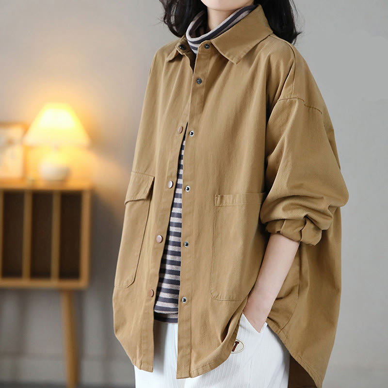 Vintage Casual Pure Color Lapel Women's Cotton Jacket With Pockets