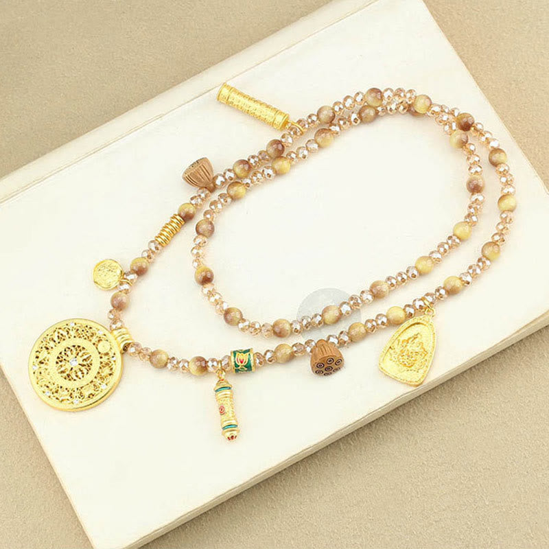 Tibetan Lotus Round Plate Golden Tiger Eye Beads Necklace Pendant