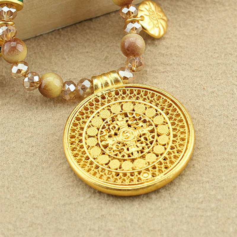 Tibetan Lotus Round Plate Golden Tiger Eye Beads Necklace Pendant