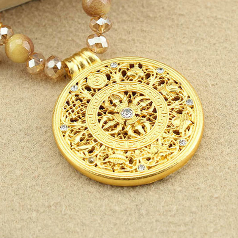 Tibetan Lotus Round Plate Golden Tiger Eye Beads Necklace Pendant