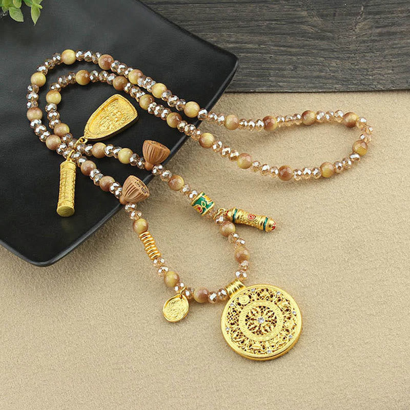 Tibetan Lotus Round Plate Golden Tiger Eye Beads Necklace Pendant