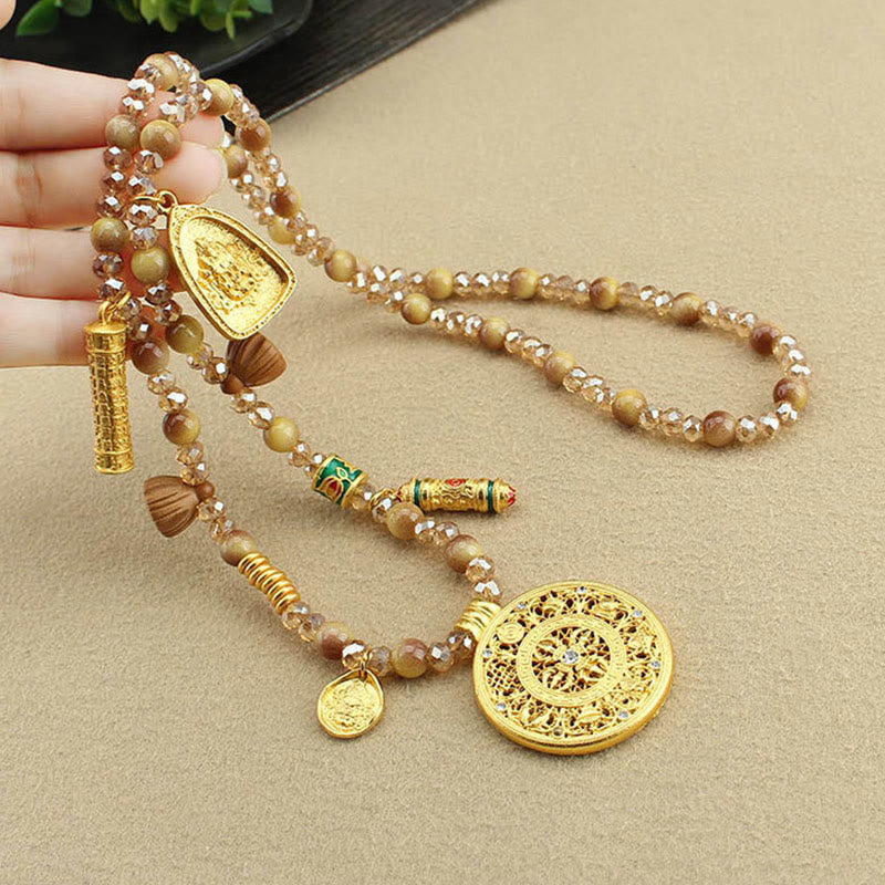 Tibetan Lotus Round Plate Golden Tiger Eye Beads Necklace Pendant