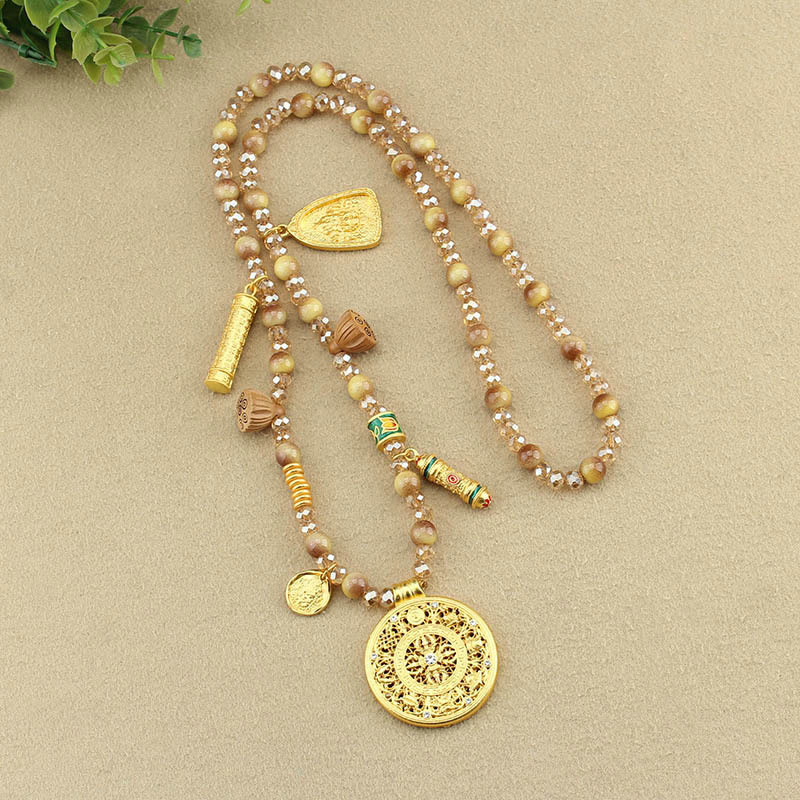 Tibetan Lotus Round Plate Golden Tiger Eye Beads Necklace Pendant