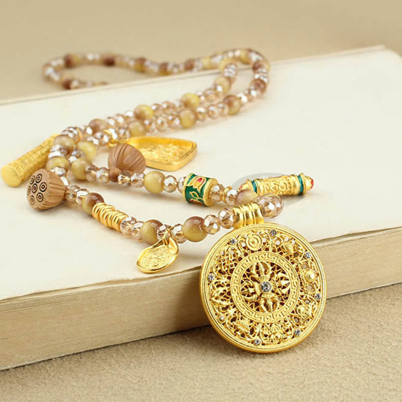 Tibetan Lotus Round Plate Golden Tiger Eye Beads Necklace Pendant