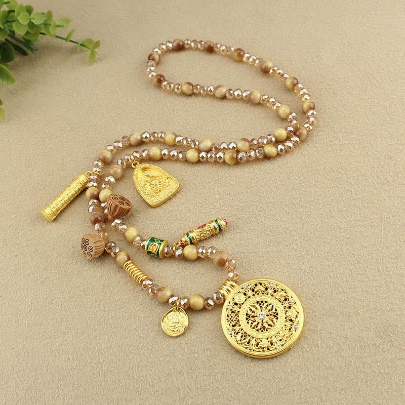 Tibetan Lotus Round Plate Golden Tiger Eye Beads Necklace Pendant