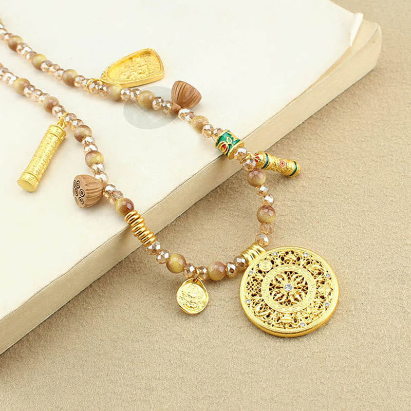 Tibetan Lotus Round Plate Golden Tiger Eye Beads Necklace Pendant