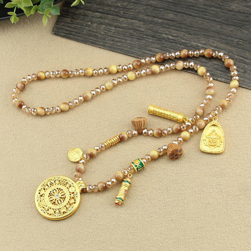 Tibetan Lotus Round Plate Golden Tiger Eye Beads Necklace Pendant