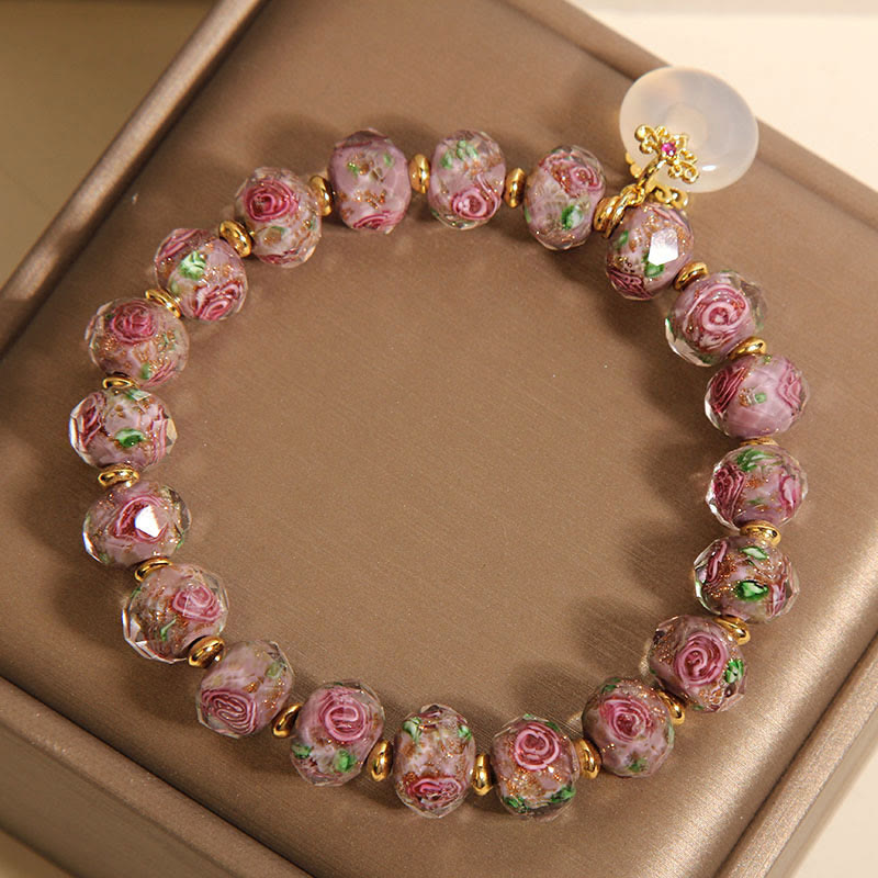 Rose Liuli Glass Bead and Chalcedony Ping An Kou Peace Buckle Bracelet