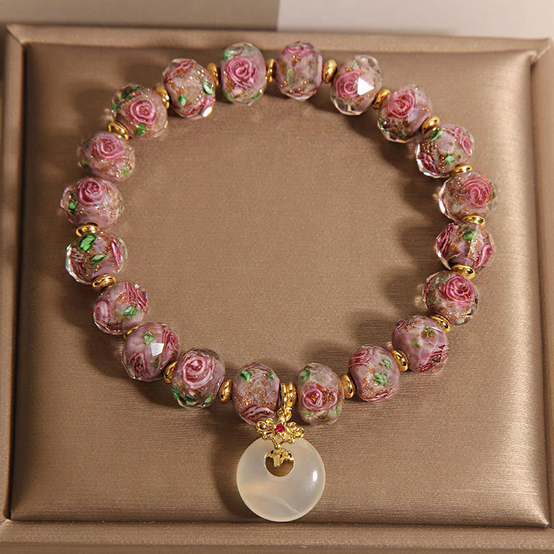 Rose Liuli Glass Bead and Chalcedony Ping An Kou Peace Buckle Bracelet