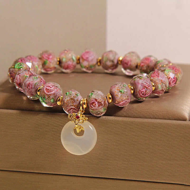 Rose Liuli Glass Bead and Chalcedony Ping An Kou Peace Buckle Bracelet