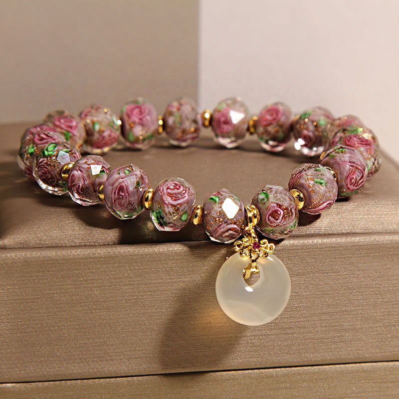 Rose Liuli Glass Bead and Chalcedony Ping An Kou Peace Buckle Bracelet