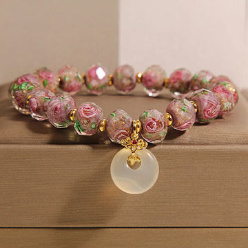 Rose Liuli Glass Bead and Chalcedony Ping An Kou Peace Buckle Bracelet