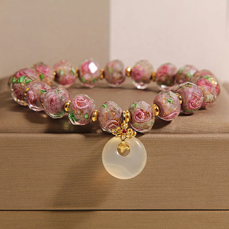 Rose Liuli Glass Bead and Chalcedony Ping An Kou Peace Buckle Bracelet